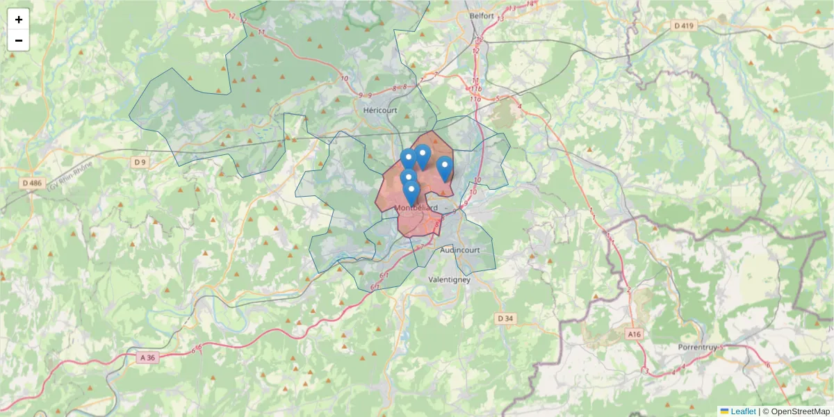 Carte de la zone du code postal  et des codes postaux voisins en France
