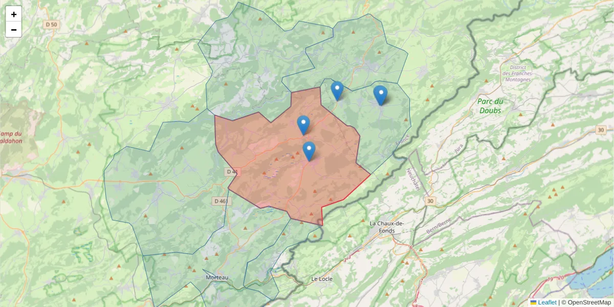 Carte de la zone du code postal  et des codes postaux voisins en France