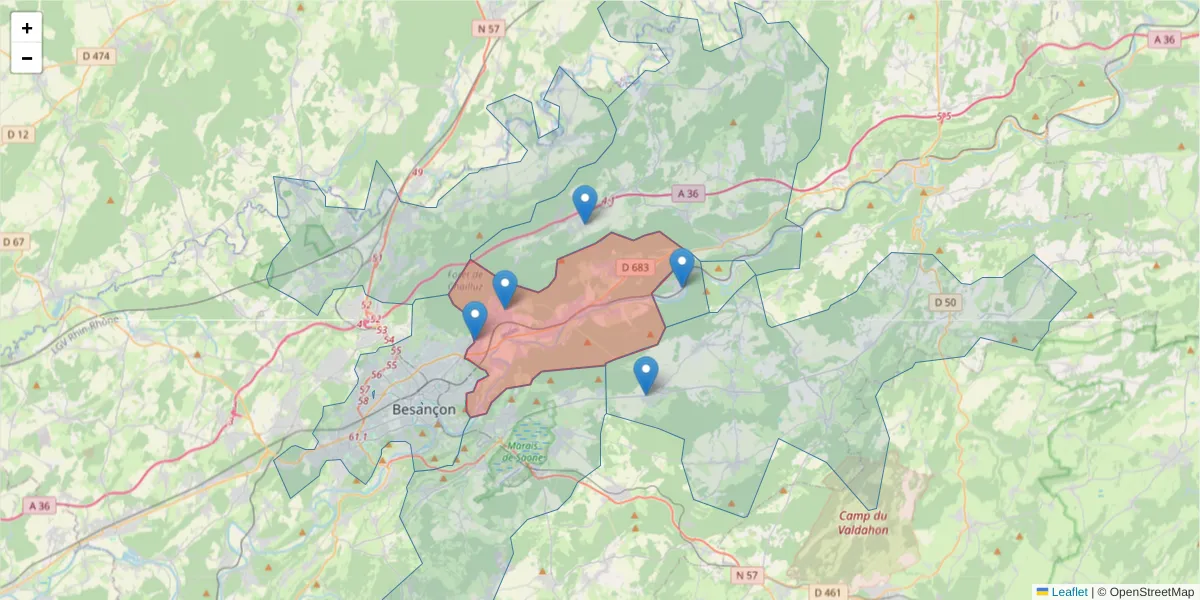 Carte de la zone du code postal  et des codes postaux voisins en France