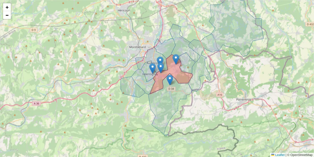 Carte de la zone du code postal  et des codes postaux voisins en France