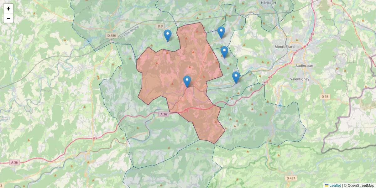Carte de la zone du code postal  et des codes postaux voisins en France