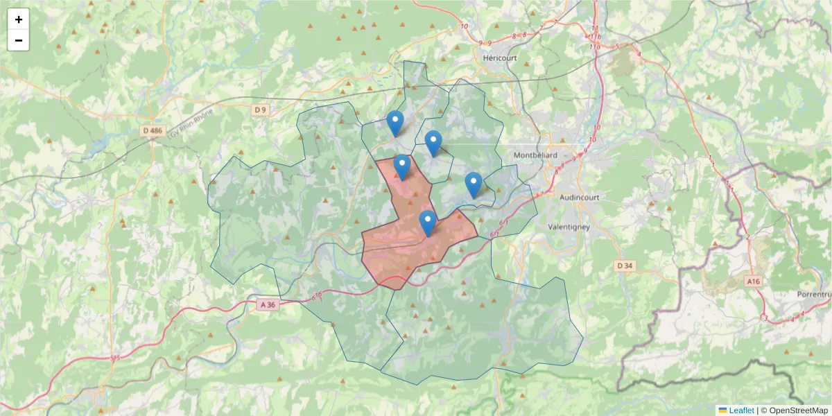 Carte de la zone du code postal  et des codes postaux voisins en France