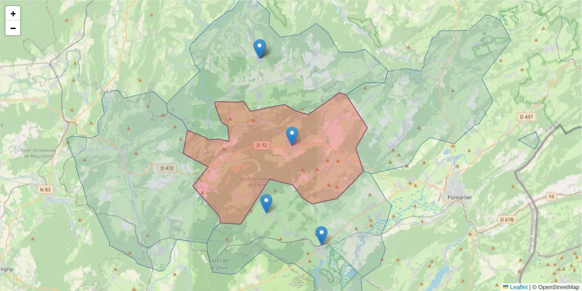Carte de la zone du code postal  et des codes postaux voisins en France