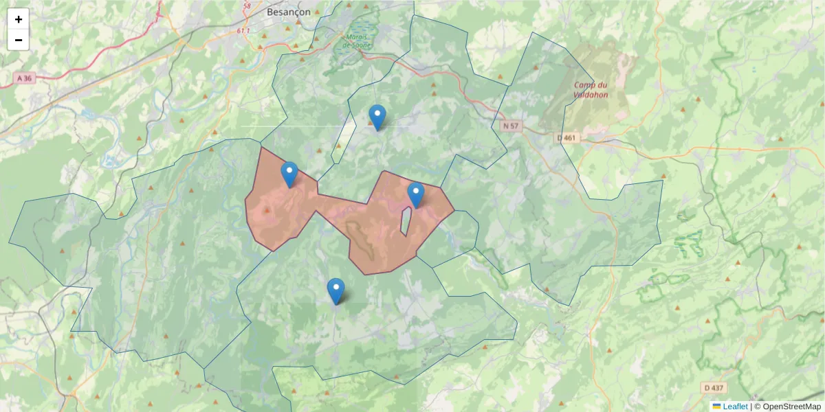 Carte de la zone du code postal  et des codes postaux voisins en France