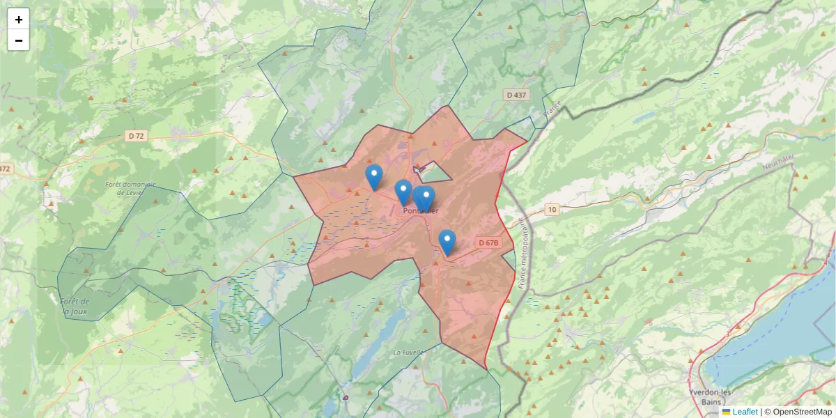 Carte de la zone du code postal  et des codes postaux voisins en France