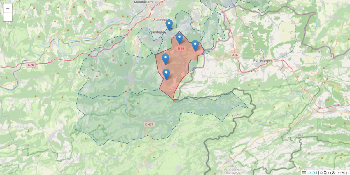 Carte de la zone du code postal  et des codes postaux voisins en France