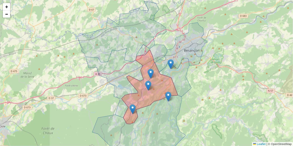 Carte de la zone du code postal  et des codes postaux voisins en France