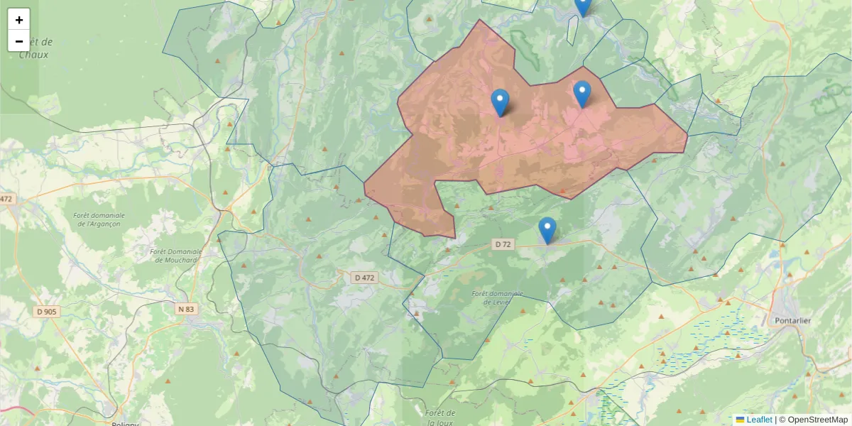 Carte de la zone du code postal  et des codes postaux voisins en France