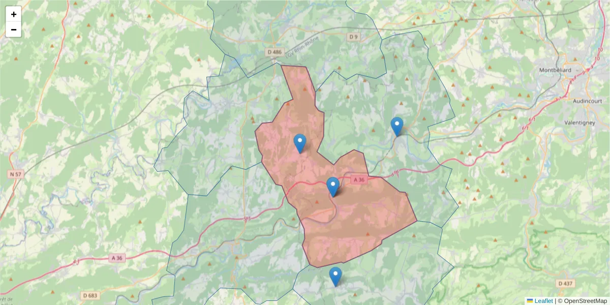 Carte de la zone du code postal  et des codes postaux voisins en France
