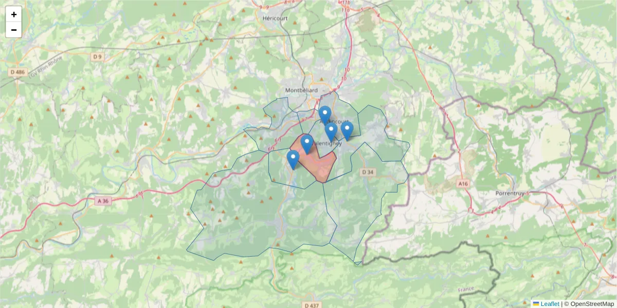 Carte de la zone du code postal  et des codes postaux voisins en France