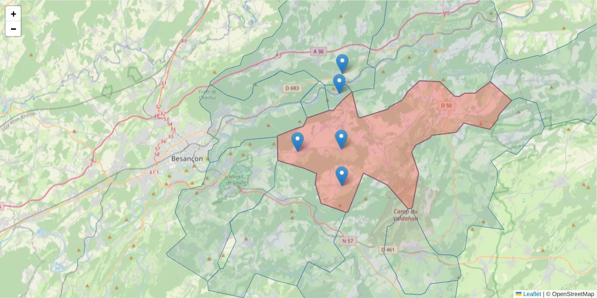 Carte de la zone du code postal  et des codes postaux voisins en France