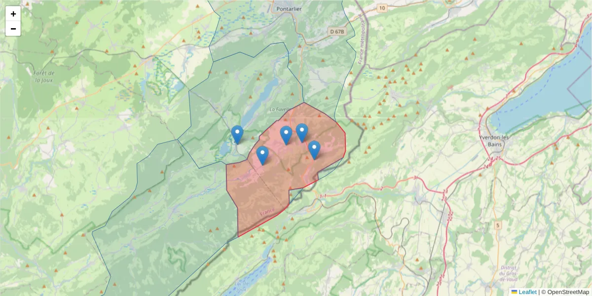 Carte de la zone du code postal  et des codes postaux voisins en France