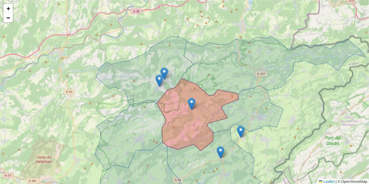Carte de la zone du code postal  et des codes postaux voisins en France