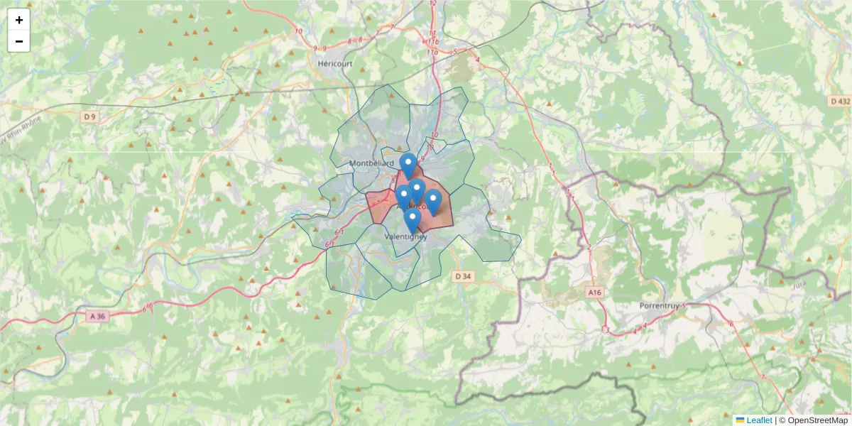 Carte de la zone du code postal  et des codes postaux voisins en France
