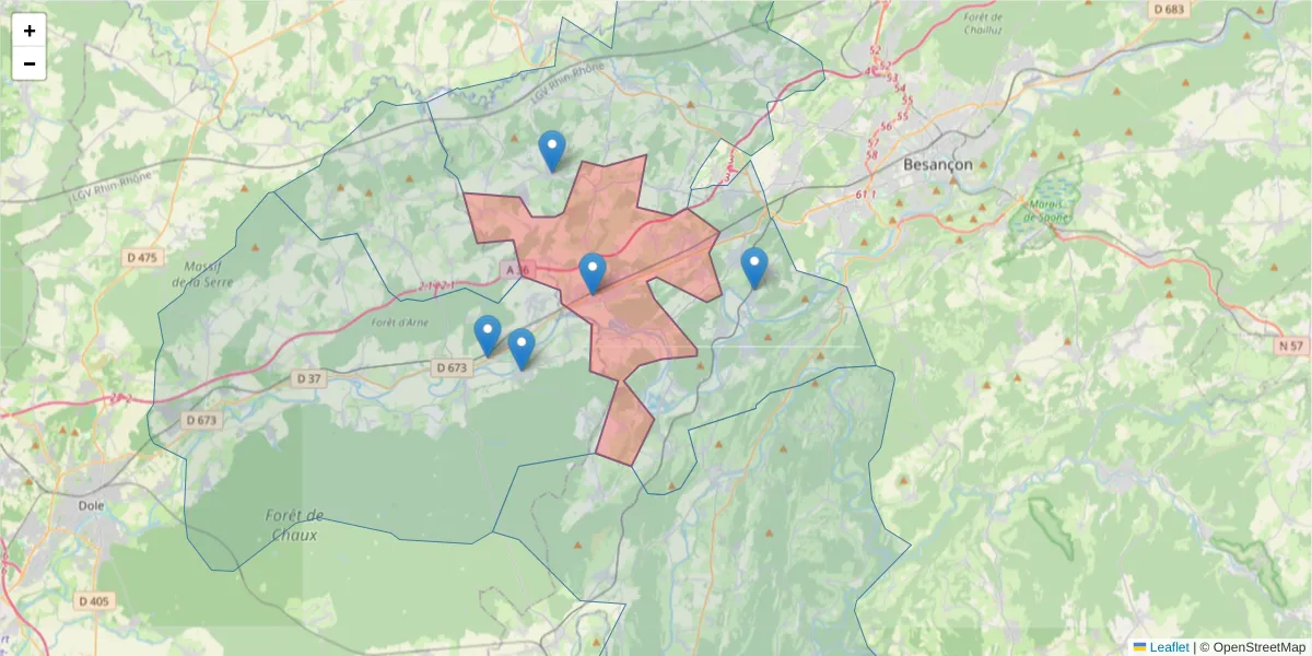 Carte de la zone du code postal  et des codes postaux voisins en France