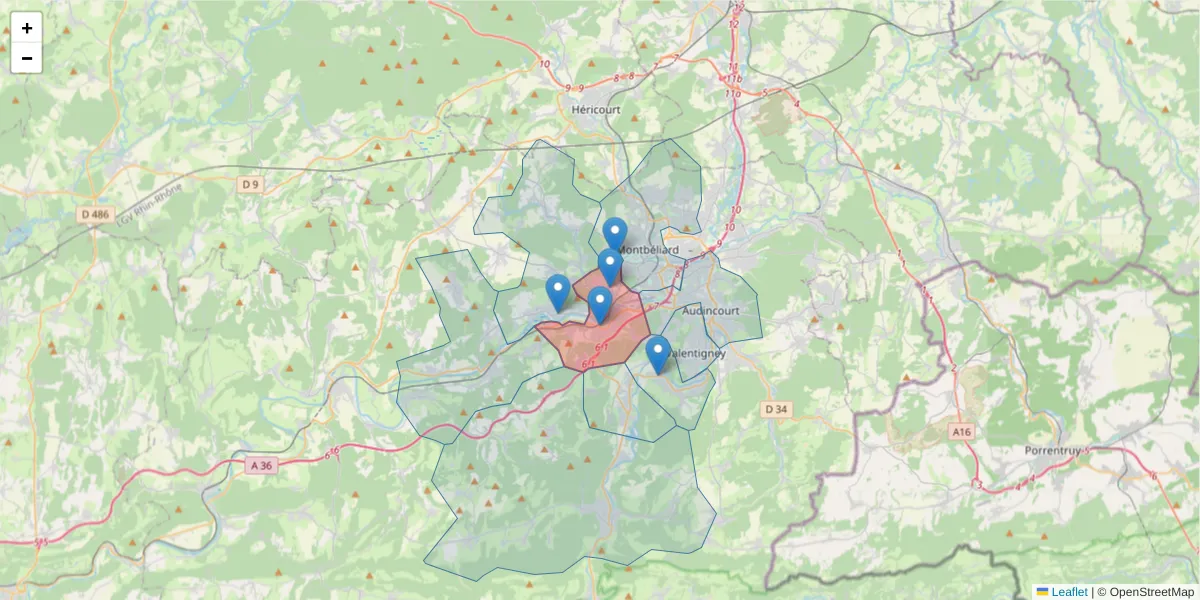 Carte de la zone du code postal  et des codes postaux voisins en France