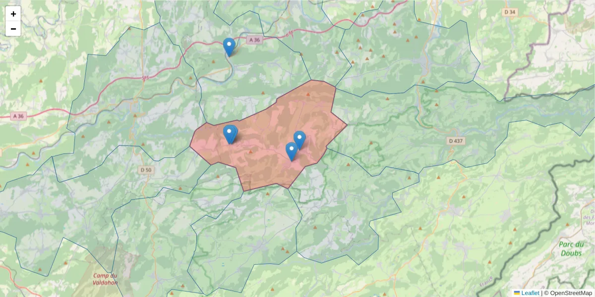 Carte de la zone du code postal  et des codes postaux voisins en France