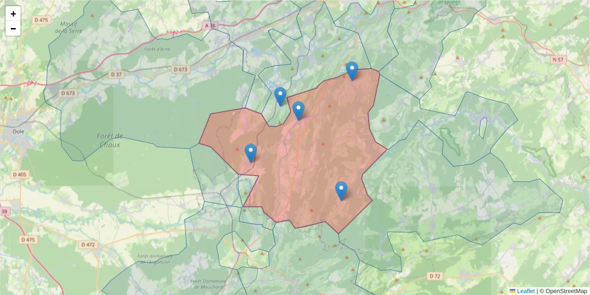 Carte de la zone du code postal  et des codes postaux voisins en France
