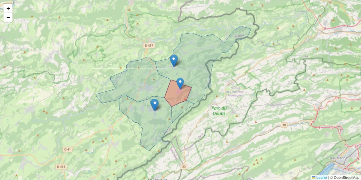 Carte de la zone du code postal  et des codes postaux voisins en France