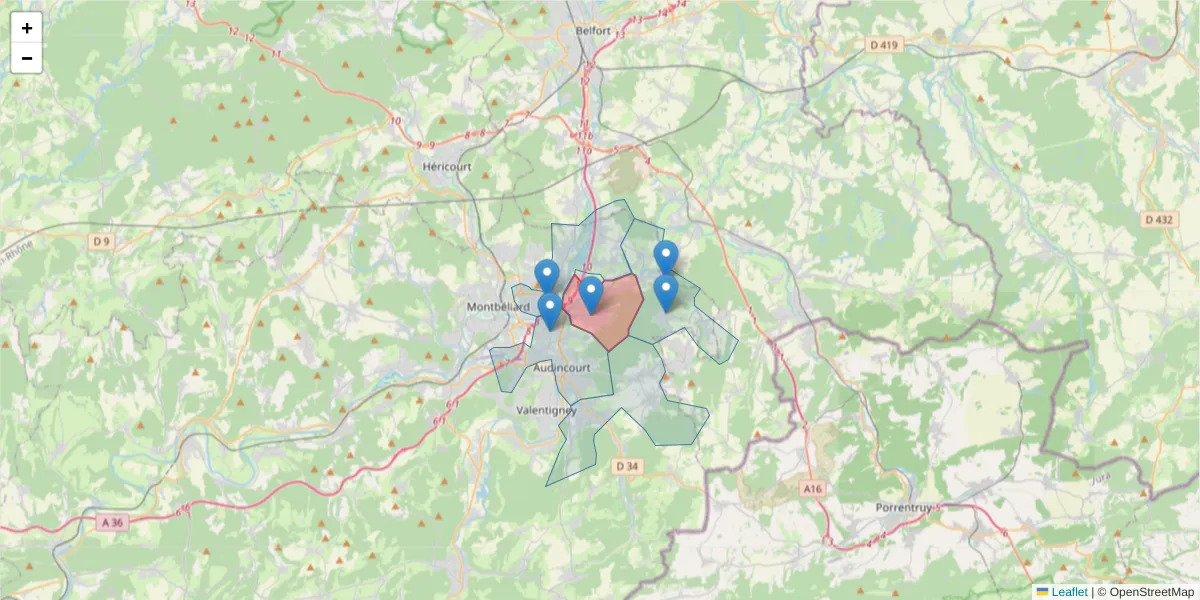 Carte de la zone du code postal  et des codes postaux voisins en France