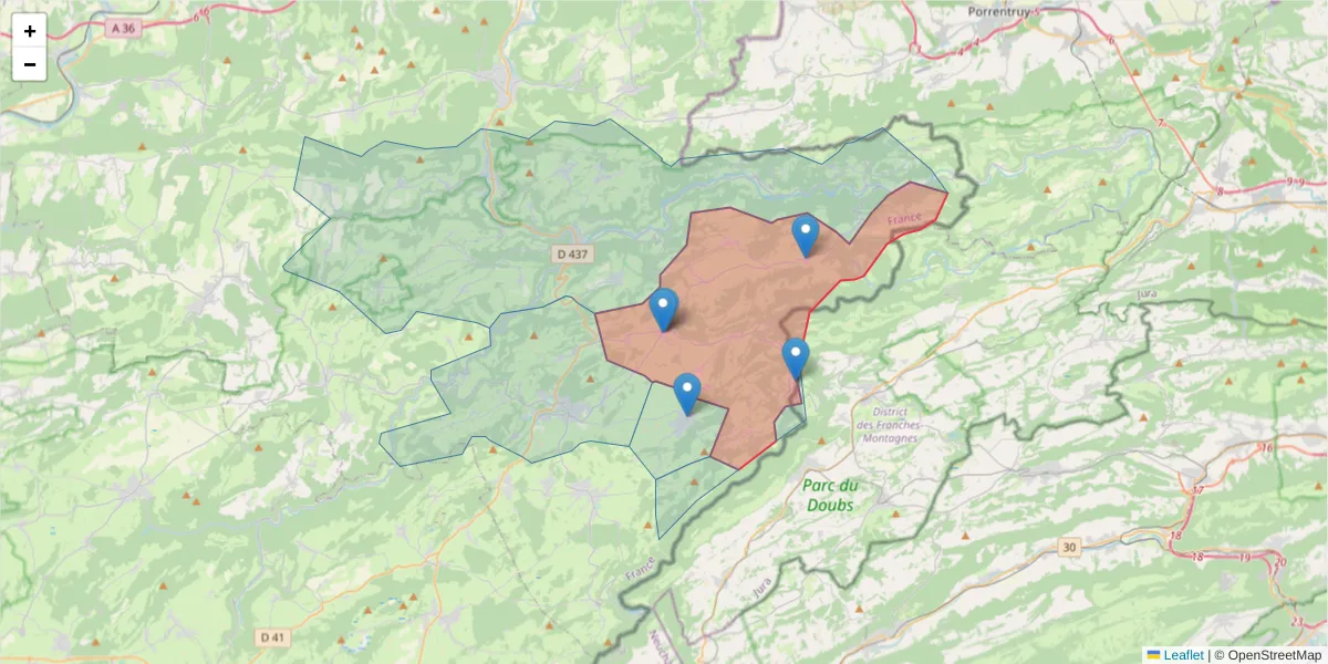 Carte de la zone du code postal  et des codes postaux voisins en France