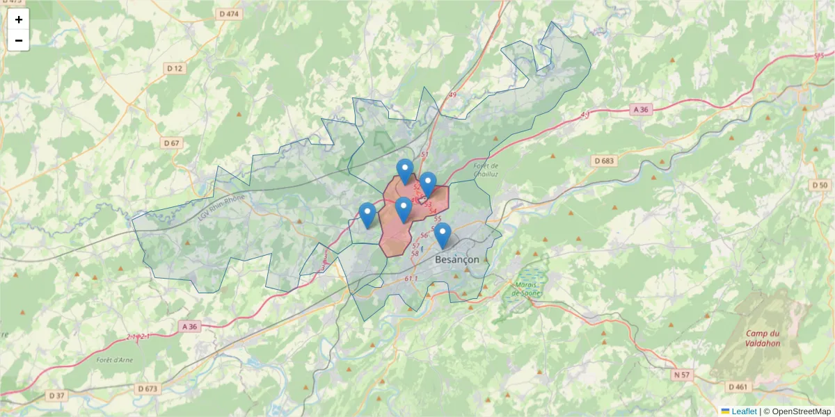 Carte de la zone du code postal  et des codes postaux voisins en France