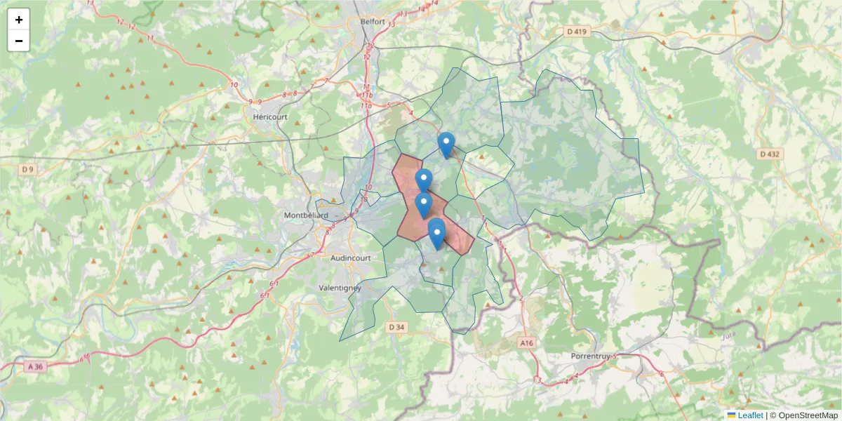 Carte de la zone du code postal  et des codes postaux voisins en France
