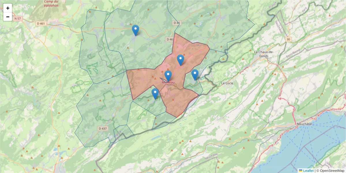 Carte de la zone du code postal  et des codes postaux voisins en France