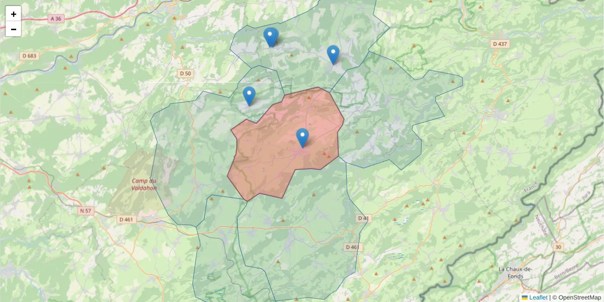 Carte de la zone du code postal  et des codes postaux voisins en France