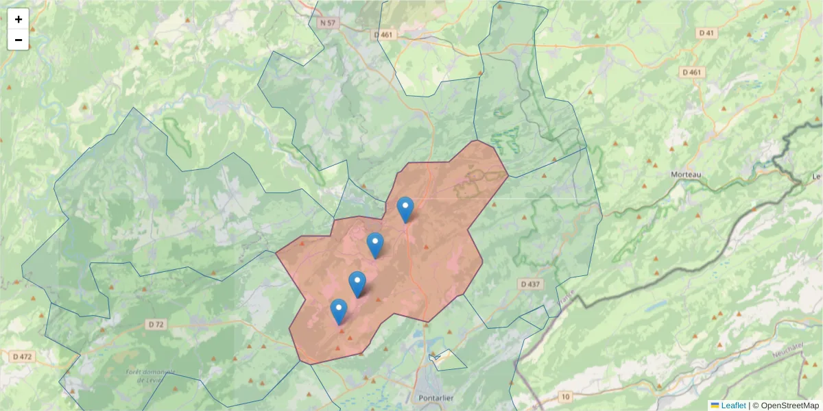 Carte de la zone du code postal  et des codes postaux voisins en France