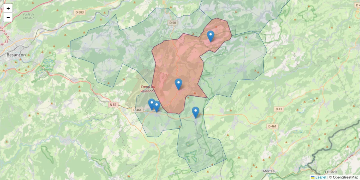 Carte de la zone du code postal  et des codes postaux voisins en France