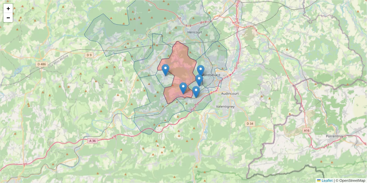 Carte de la zone du code postal  et des codes postaux voisins en France
