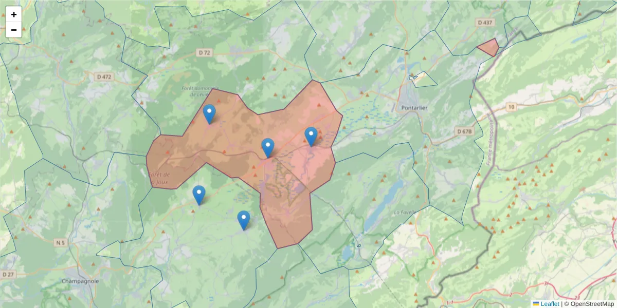 Carte de la zone du code postal  et des codes postaux voisins en France