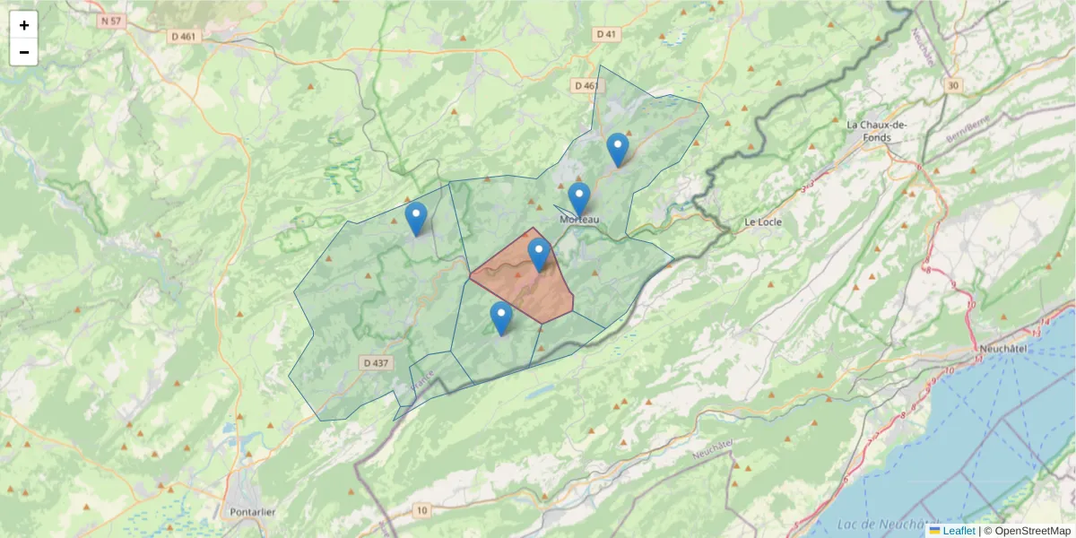 Carte de la zone du code postal  et des codes postaux voisins en France
