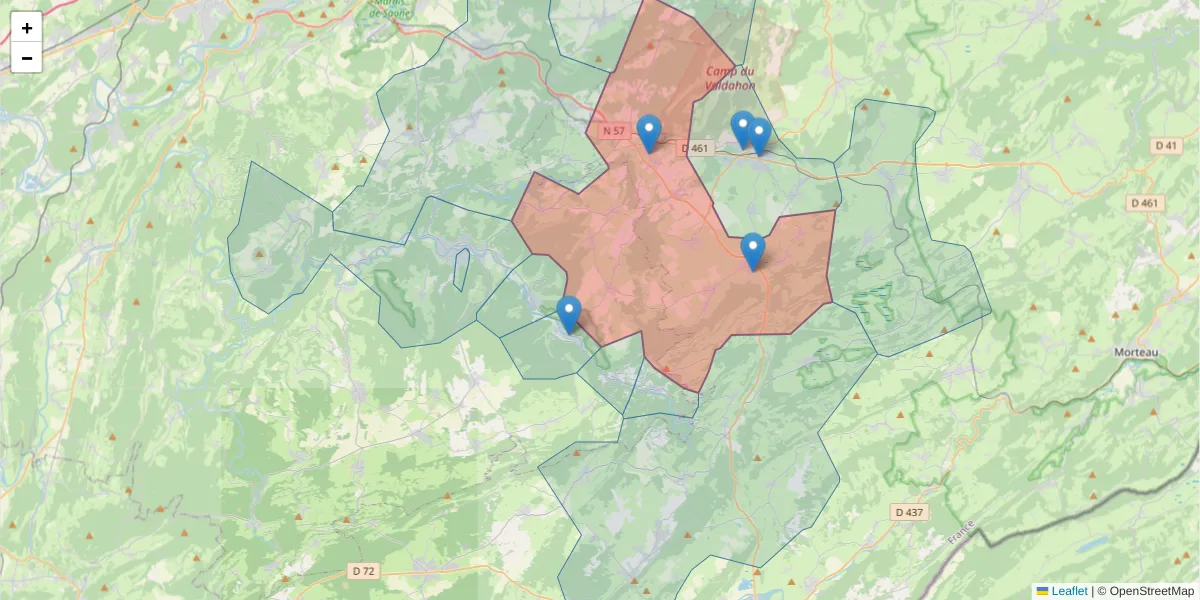 Carte de la zone du code postal  et des codes postaux voisins en France