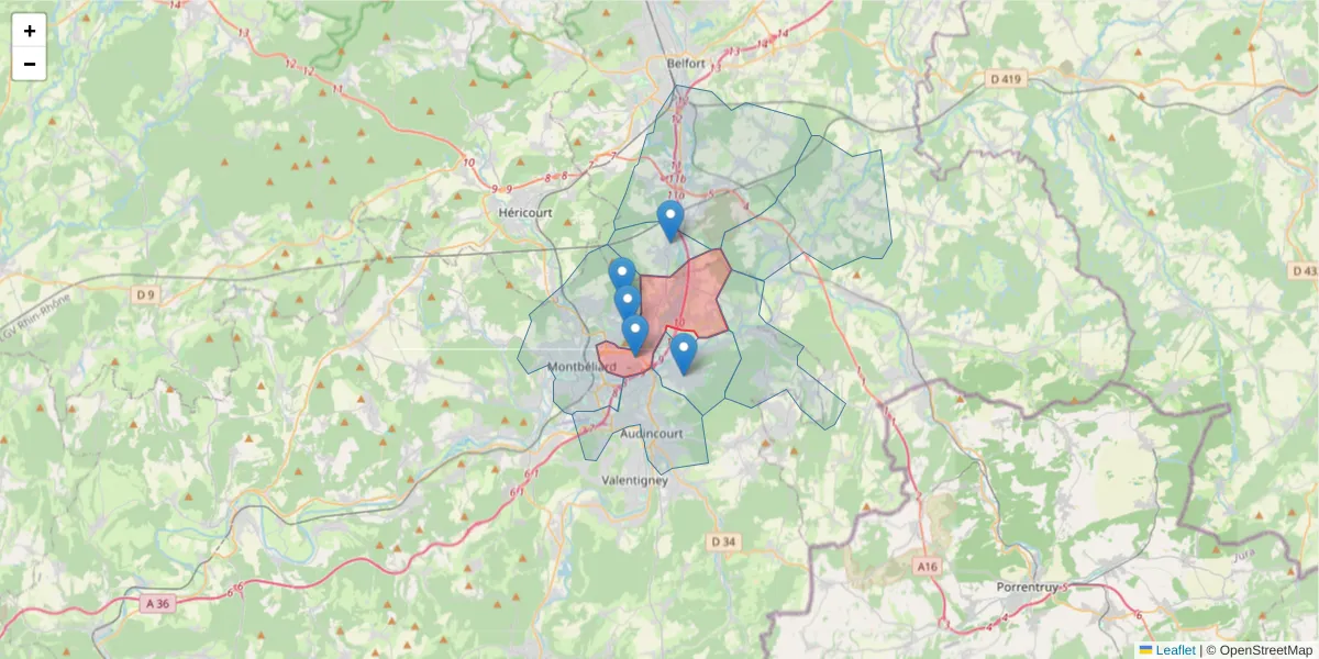 Carte de la zone du code postal  et des codes postaux voisins en France