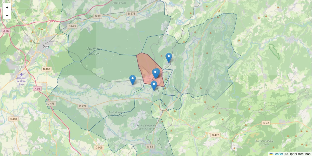 Carte de la zone du code postal  et des codes postaux voisins en France