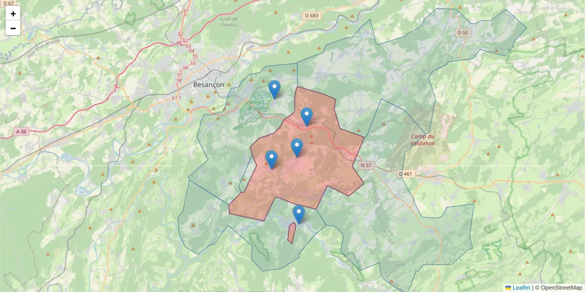 Carte de la zone du code postal  et des codes postaux voisins en France