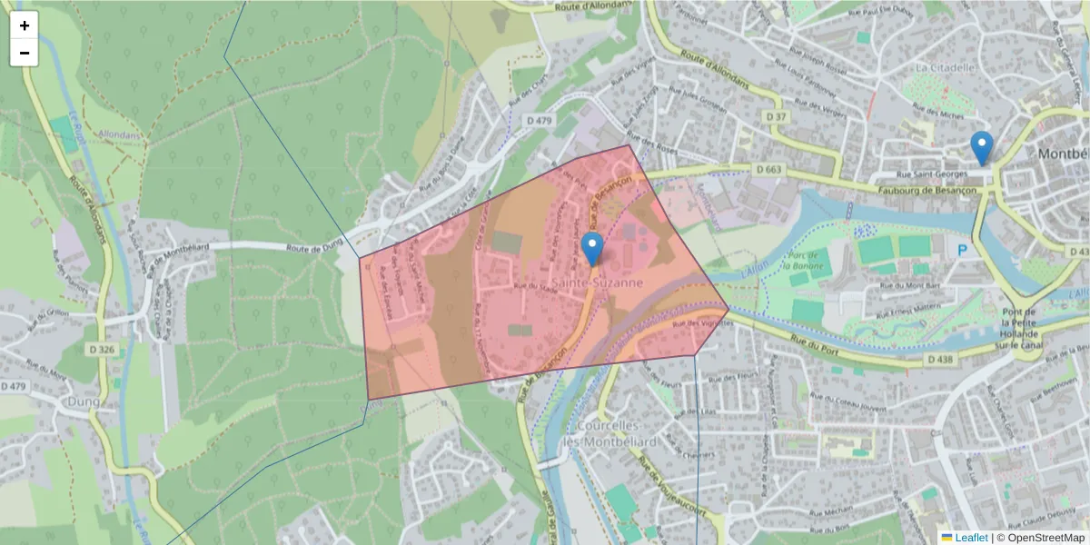 Carte de la zone du code postal  et des codes postaux voisins en France