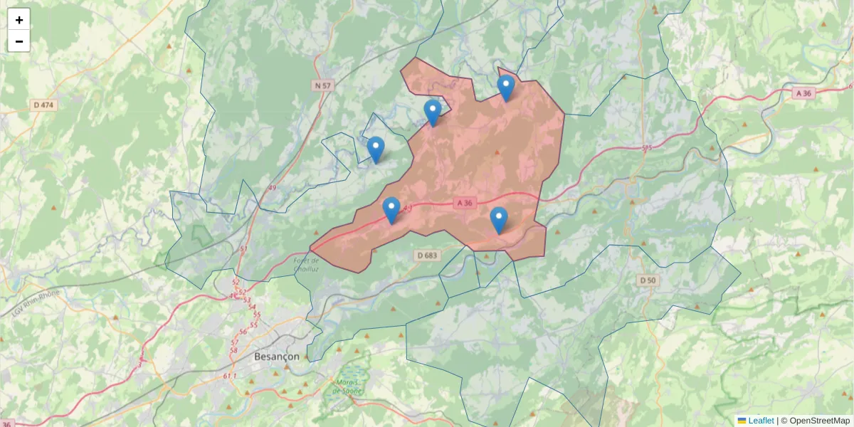 Carte de la zone du code postal  et des codes postaux voisins en France