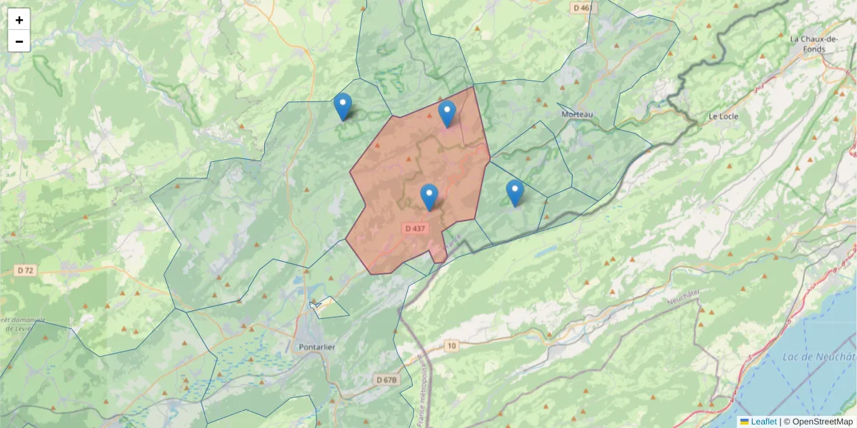 Carte de la zone du code postal  et des codes postaux voisins en France