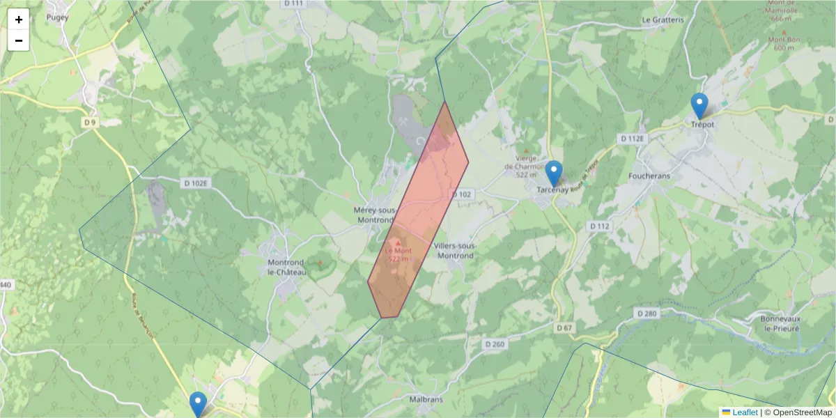 Carte de la zone du code postal  et des codes postaux voisins en France