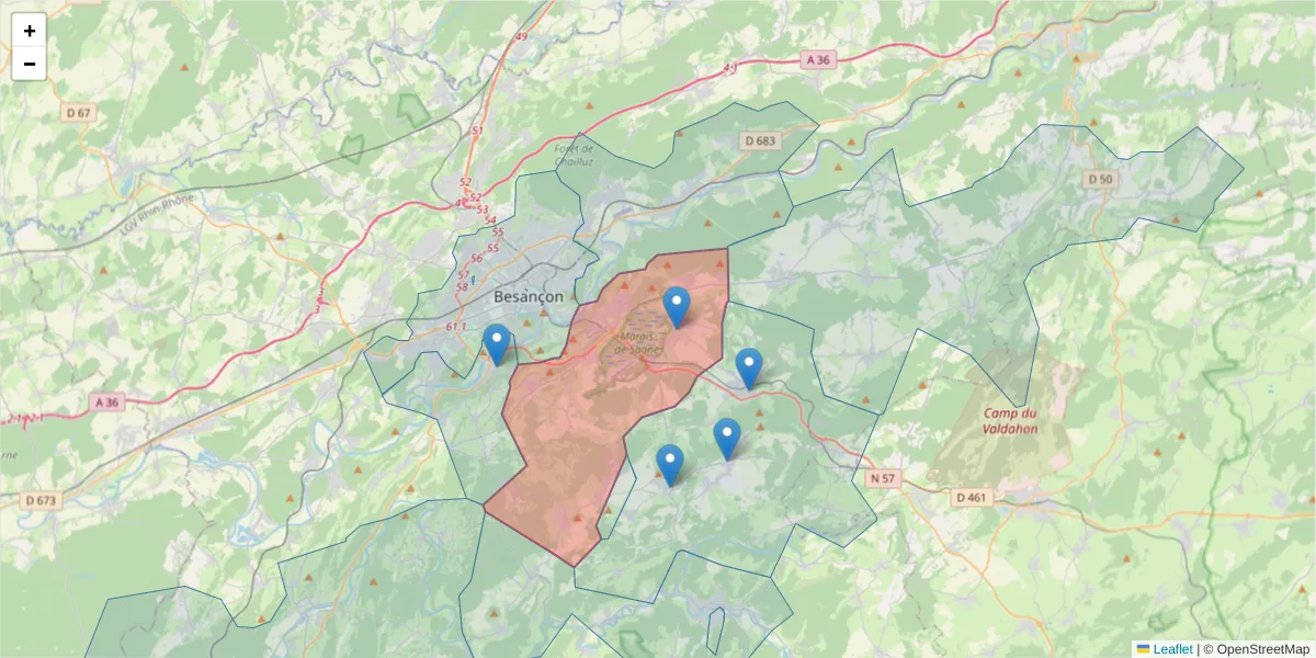 Carte de la zone du code postal  et des codes postaux voisins en France