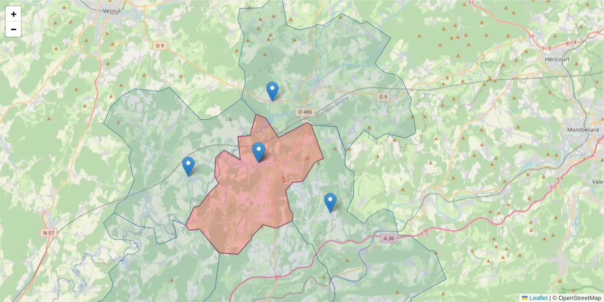 Carte de la zone du code postal  et des codes postaux voisins en France