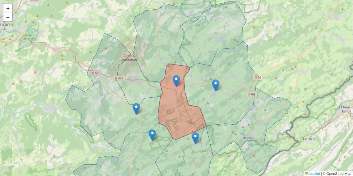 Carte de la zone du code postal  et des codes postaux voisins en France