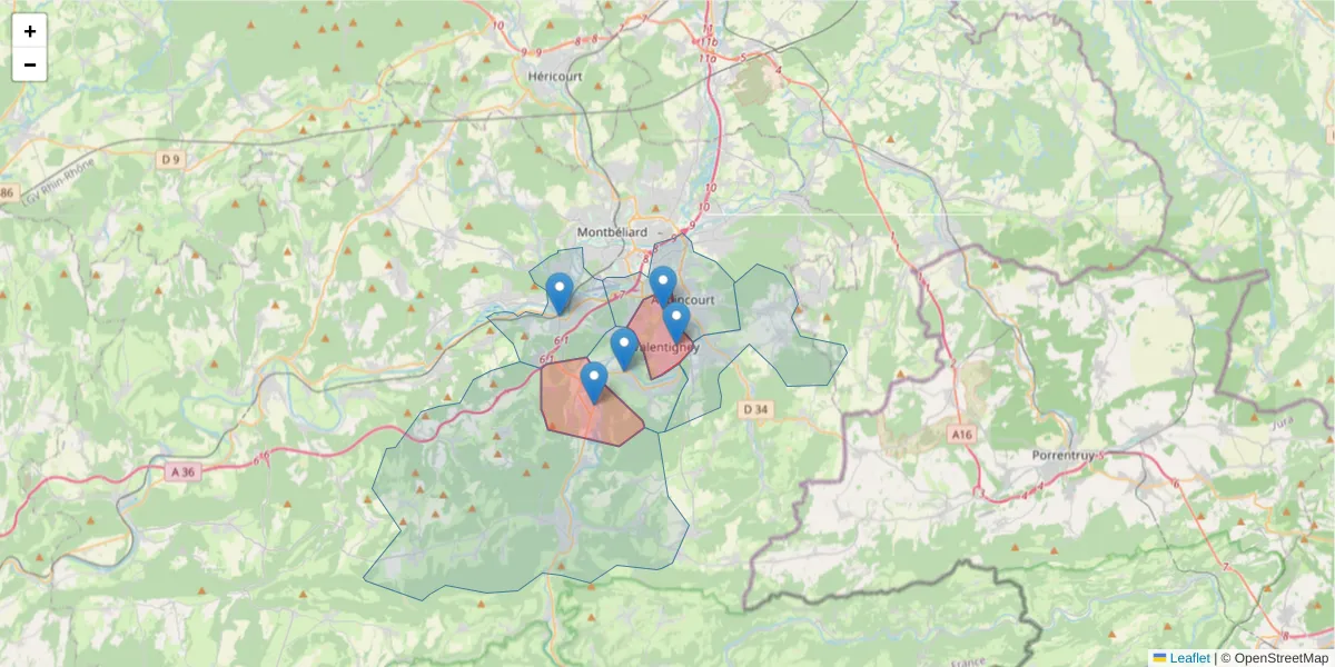 Carte de la zone du code postal  et des codes postaux voisins en France