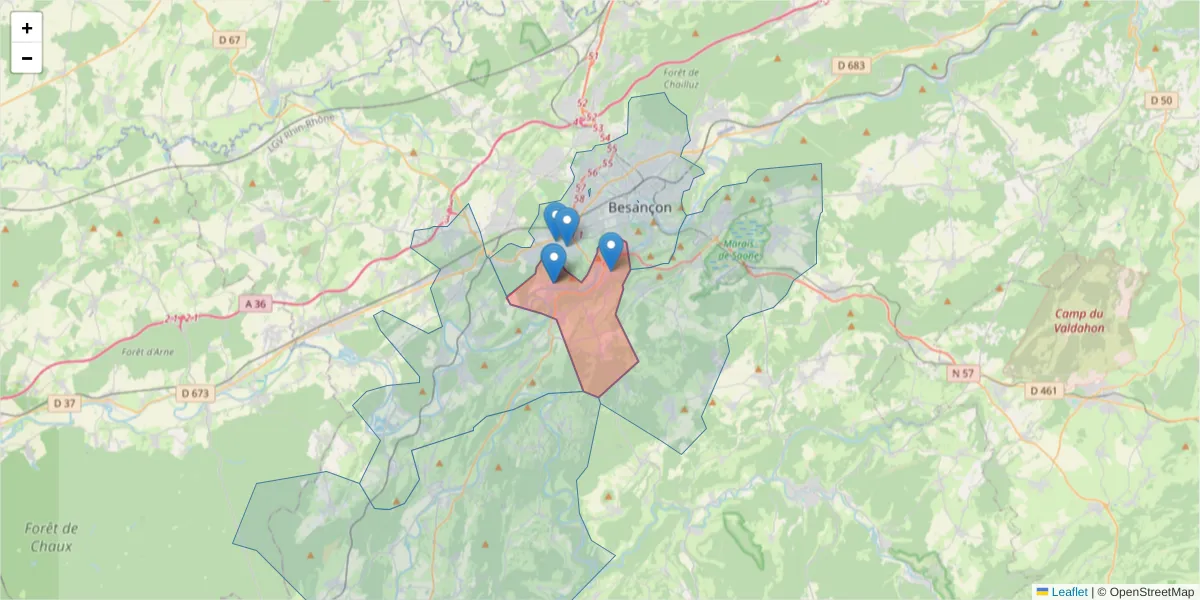 Carte de la zone du code postal  et des codes postaux voisins en France