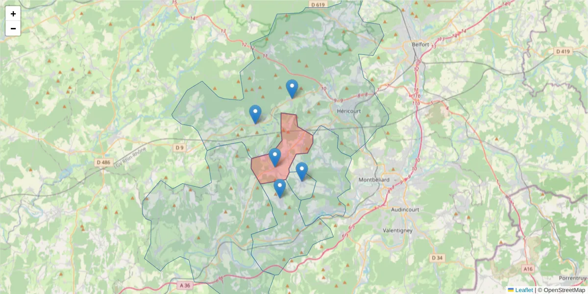 Carte de la zone du code postal  et des codes postaux voisins en France