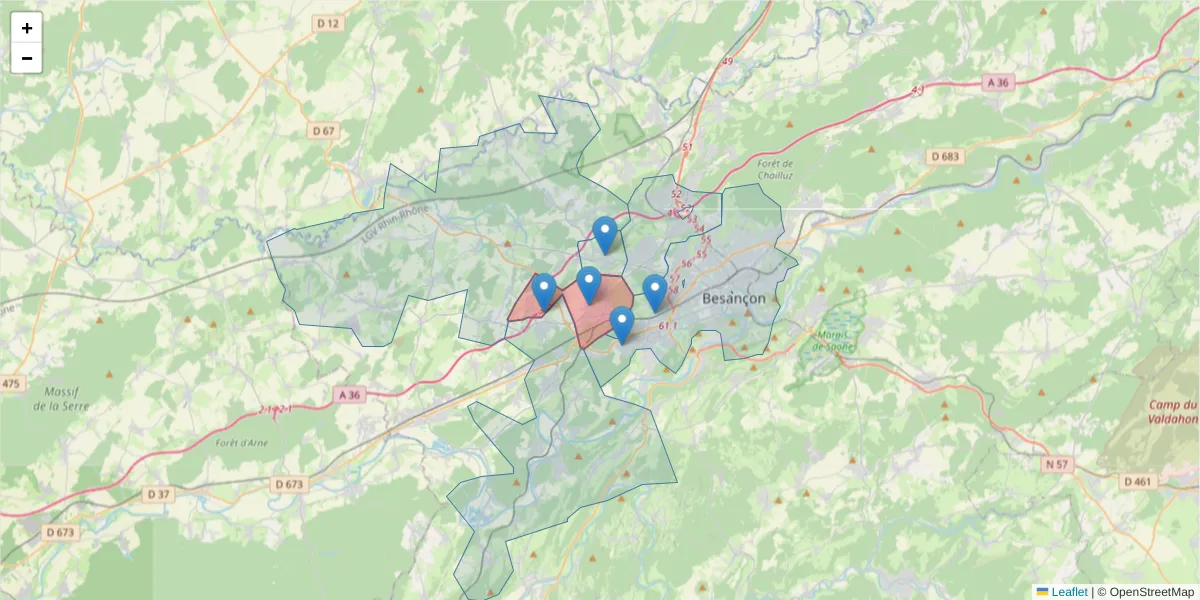 Carte de la zone du code postal  et des codes postaux voisins en France