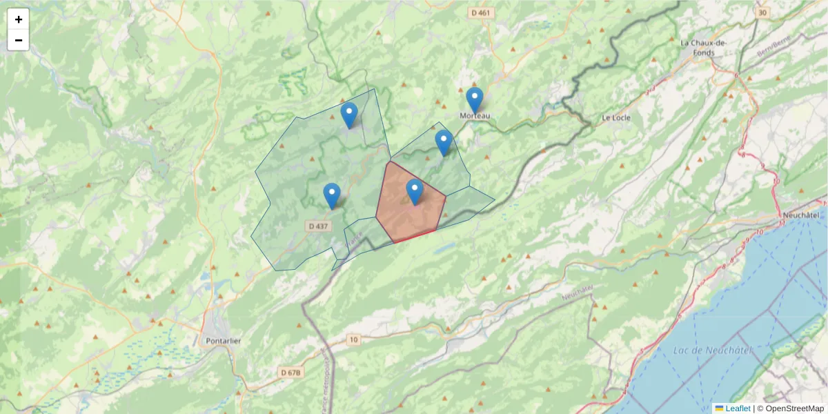 Carte de la zone du code postal  et des codes postaux voisins en France